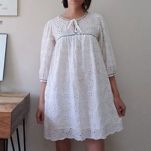 Eyelet Lace White Peasant Dress with Puff Sleeves